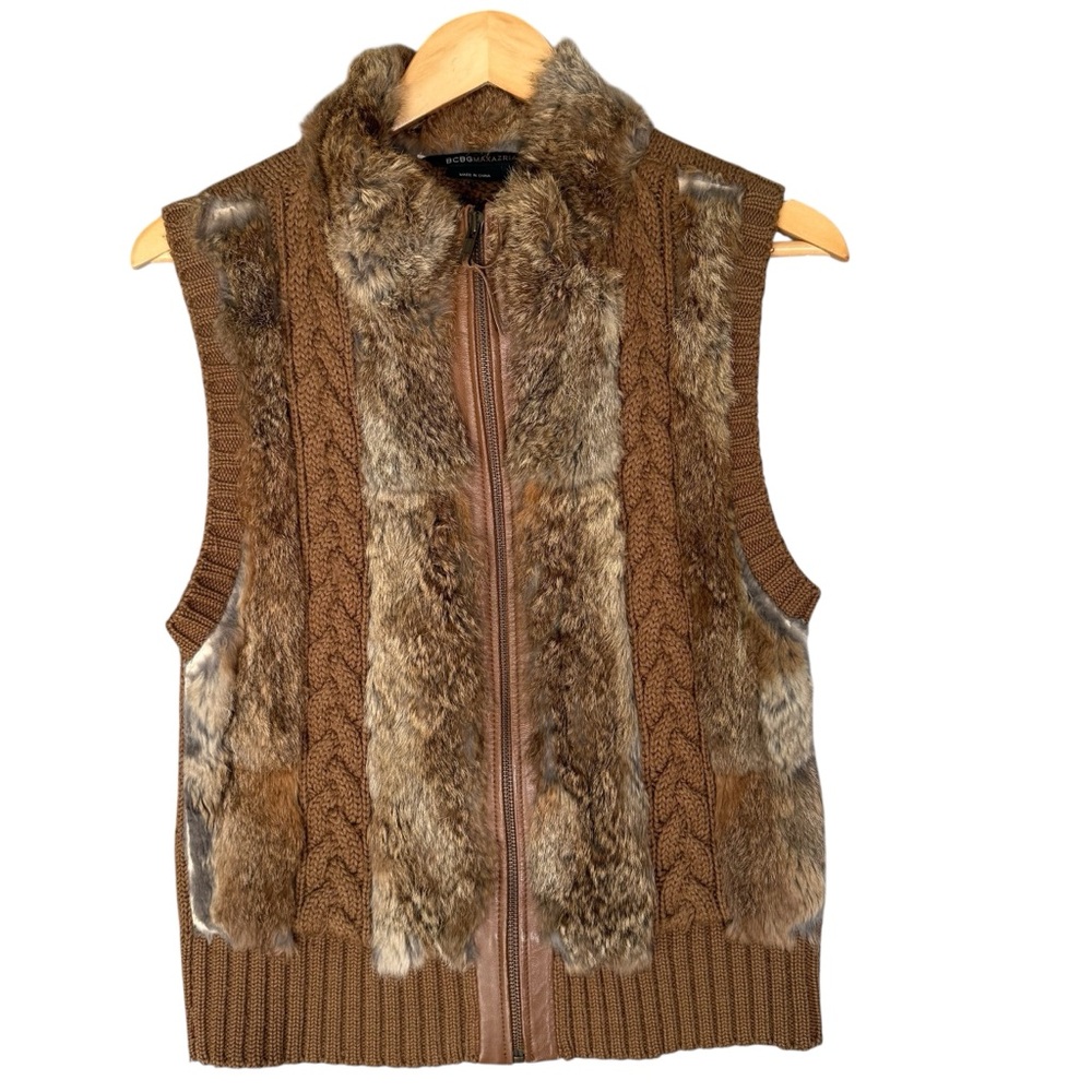 BCBG MaxAzria Brown Rabbit Fur Knit Vest Zip Up Glam Mob Wife L